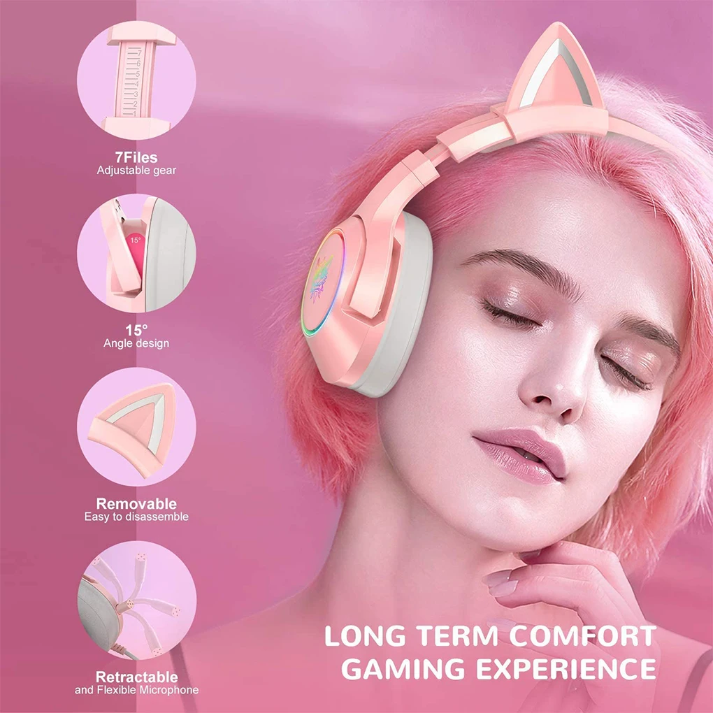 Jauns produkts K9 rozā kaķu ausu cute girl spēļu austiņas ar mic ENC trokšņa samazināšanu augstas precizitātes 7.1 kanālu RGB vadu austiņas