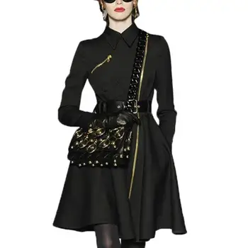 Elegants melns vilnas kleita sieviešu rudens ziemas atloks, siksnas slaids viduklis-line kleita