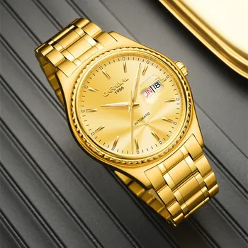 Luksusa Pilnā Zelta Nerūsējošā Tērauda Pulksteņi Vīriešu Biznesa Kleitu Rokas pulksteni Self-vēja Mehāniskās Skatīties Kalendārā Zīmolu rokas Pulkstenis