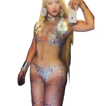 Personības Darbības Kostīmu Dāmas Bikini Modelis Drukāšanas Rhinestones Acs Marli Jumpsuit Bez Piedurknēm Puse Vakara Tērpi