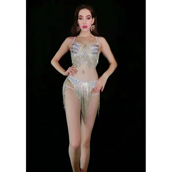 2019 Sudraba Mirdzoša Rhinestone Kristāli Sexy Bikini Krūšturis Pušķis Īss Kostīms Apģērbs Valkāt, Bārs, Dzimšanas Dienas Svinības Galvas Gabals Clubwear