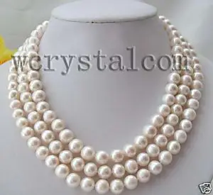 Tri Daļa Dabas Balts Kultivētas saldūdens Pērles 9-10mm sānslīdi kaklasaite Paziņojumu Kaklarota Sudraba