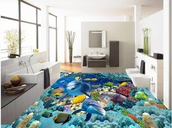 Pielāgotus Foto Grīdas 3D Tapetes Mūsdienu Mākslas Delfīnu, jūras Aļģu 3D Glezniecība Flīzes neslīdoša Ūdensnecaurlaidīga Self-adhesive PVC Tapetes