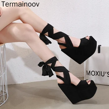 Termainoov sieviešu sandales Modes ķīļi peep toe mežģīnes up potītes siksna 17CM augstiem papēžiem kurpes puse