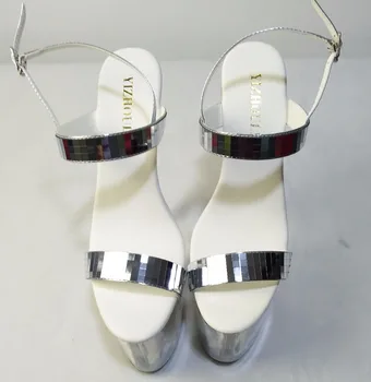 8 collu baltiem ziediem modes kāzu papēžiem sudraba mirdzums strappy sandales Svītru Platformas kurpes 20cm