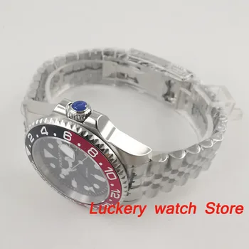 Parnis 40mm black dial, blue GMT gaismas zīmes, melnā un sarkanā krāsā Bezel safīra stikls automātiskās Mens Watch-PA83