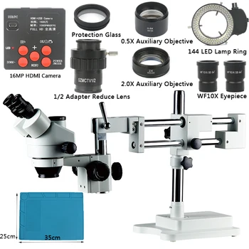 3,5 X-90X Tālummaiņas Mikroskopa Uzstādīt Boom Stand Vienlaicīgi-Fokusa + 144 LED Gaismas+ 16MP HDMI Kameru Rotaslietas Pārbaude PCB ar Mīkstlodi