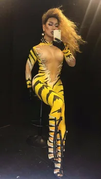 Sexy Tiger Raksts Iespiests Bling Rhinestone Kombinezonus Naktskluba Dziedātāja Liecina, Kostīmu Svinēt apģērbs Cosplay Jumpsuit Posmā Valkā