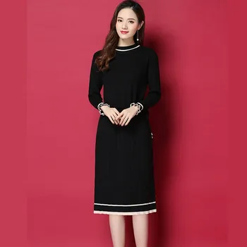 UHYTGF 2019 Jaunu korejiešu Modes Pavasara Rudens Kleita Sieviešu Izšūšanas garš Trikotāžas džemperi Kleita Retro Plus lieluma kleitas Dāma 1188