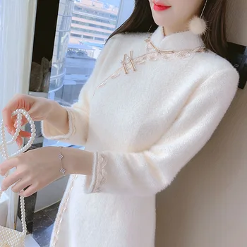 Vintage Baltās Cheongsam Kleita Ķīniešu Stilā Sexy Sadalīt Rudens Ziemas Qipao Slim Kleita, Jauna Meitene, Elegants Puse Oriental Dress