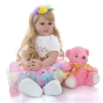 Atdzimis toddler meitene lelle 24inch 60cm glītu bebes atdzimis blondi cirtaini mati princese bonecas bērniem dāvanu bebes atdzimis
