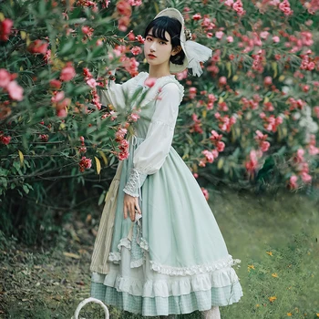 Princese tēja puse sweet lolita kleita vintage mežģīnes bowknot pastorālo stila kleita svaigi pleds izšūšanas gara kleita cosplay cos