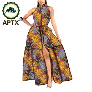Āfrikas Sieviešu Apģērba Grīdas Garums Puse Kleitas Bez Piedurknēm, Savukārt, Apkakles Ankara Stila Svārki Tīras Kokvilnas Āfrikas Princese